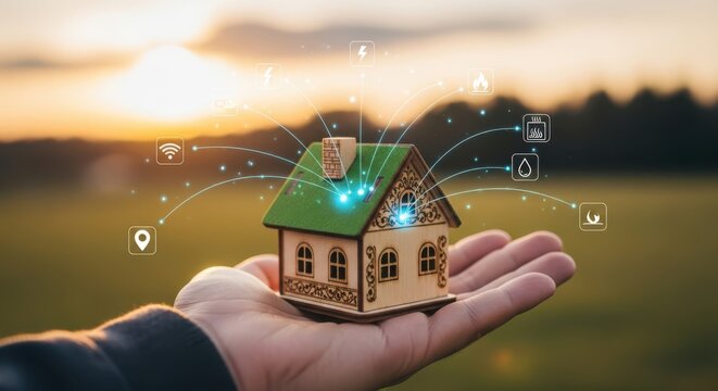 Hand holding a miniature smart home with glowing digital connections at sunset - Powered by Adobe