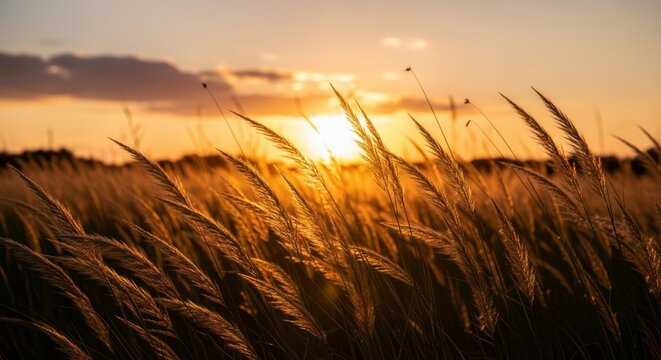 Golden sunset illuminates tall grasses in a serene field