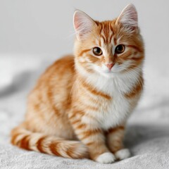 Adorable Ginger Cat Sitting on White Blanket Kitten with Striped Fur Close Up Portrait with Soft Lighting