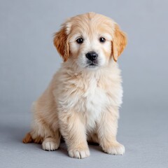 Adorable Golden Retriever Puppy Sitting on Gray Floor in Studio Light Fluffy Fur Innocent Eyes Cute Pet Companion Lovely Dog Breed Portrait