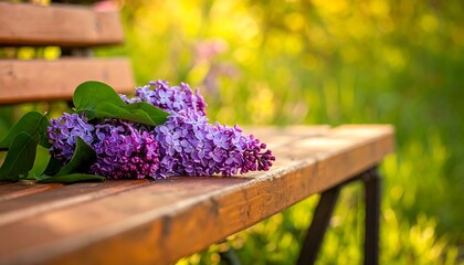 Lilac bouquet on park bench