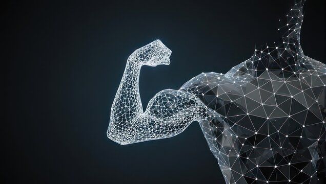 Modern 3D rendering of a strong muscular physique showcasing power and fitness for health and wellness campaigns or technology innovation - Powered by Adobe