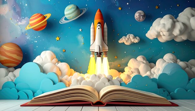 Open book with rocket launching into space