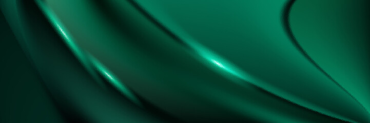 Green drapery silk fabric luxury background. Wavy abstract satin cloth vector texture pattern. Smooth shiny drape material curtain. Elegant velvet curve motion image realistic horizontal design.