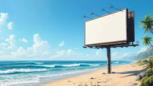Advertise your brand in paradise with this stunning billboard on a tropical beach, perfect for travel, tourism, and summer promotions with a refreshing coastal vibe