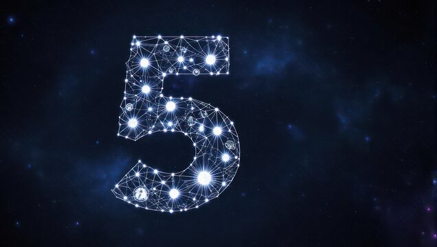Futuristic number five shimmers against a cosmic backdrop, symbolizing innovation and technological advancement, perfect for science and design projects - Powered by Adobe