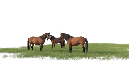 Three Horses Grazing in a Lush Green Meadow, Isolated on White