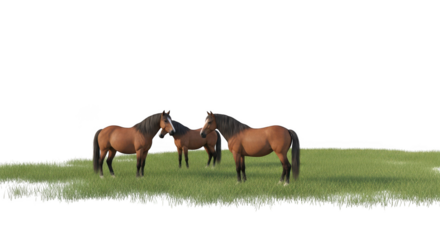 Three Horses Grazing in a Lush Green Meadow, Isolated on White