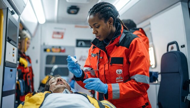 Paramedic during patient painkillers woman dropper medical using team polytrauma handling transport