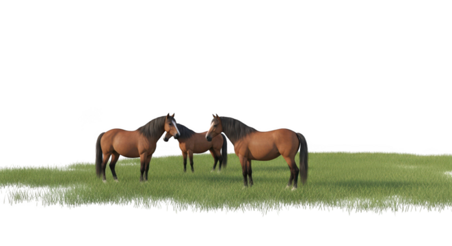 Three Horses Grazing in a Lush Green Meadow, Isolated on White