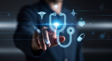 A physician's finger points to a luminous stethoscope icon on a futuristic holographic display, illustrating the convergence of medicine, digital innovation, and virtual healthcare solutions