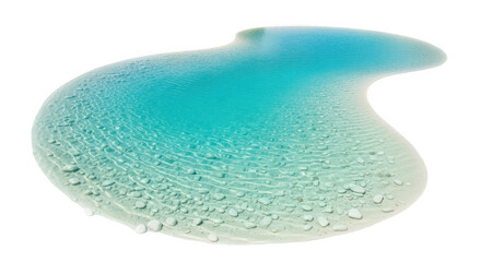 Amorphous blob of clear turquoise cosmetic liquid gel with effervescent texture. Abstract macro photo of a skincare product sample isolated on white