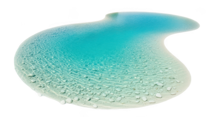 Amorphous blob of clear turquoise cosmetic liquid gel with effervescent texture. Abstract macro photo of a skincare product sample isolated on white