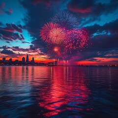 Fireworks display over city skyline reflected in a calm river at sunset