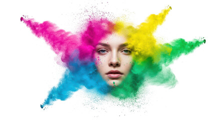 Captivating portrait of a woman's face emerging from a vibrant explosion of multi-colored powder, symbolizing artistic expression, creativity, and inner beauty against a clean white background