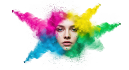 Captivating portrait of a woman's face emerging from a vibrant explosion of multi-colored powder, symbolizing artistic expression, creativity, and inner beauty against a clean white background