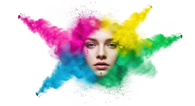Captivating portrait of a woman's face emerging from a vibrant explosion of multi-colored powder, symbolizing artistic expression, creativity, and inner beauty against a clean white background