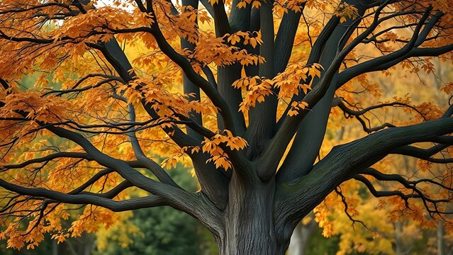 Two intertwined trees support each other in autumn, symbolizing family and change.