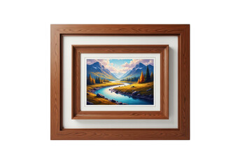 Framed landscape painting featuring a serene river valley with mountains and warm sunlight transparent background