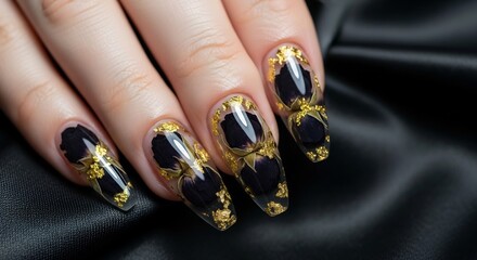 Luxury Black and Gold Baroque Nail Art Design with Elegant Metallic Accents on a Satin Background