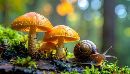 Forest floor scene with mushrooms and snail