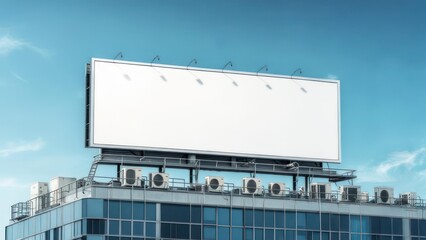 Blank billboard atop a modern glass building against a clear sky