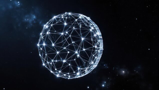 Futuristic glowing sphere network against the vastness of space evokes innovation and connectivity for modern technology and global communication concepts