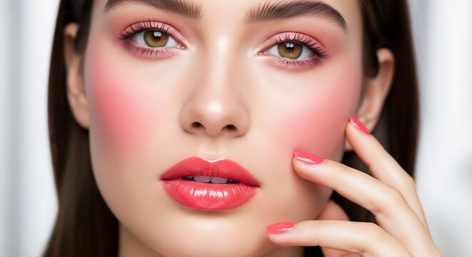 Stunning young woman with radiant pink blush and vibrant coral lipstick, showcasing flawless skin and captivating makeup for a fresh, elegant beauty look