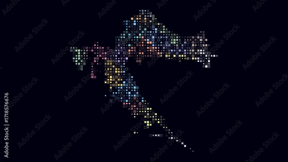 Poster croatia map animation. shape of the country with pulsating colored dots. small size square blocks. d