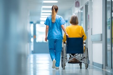 Nurse assisting elderly patient in wheelchair at hospital