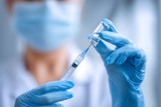 Medical worker preparing vaccine with syringe and vial