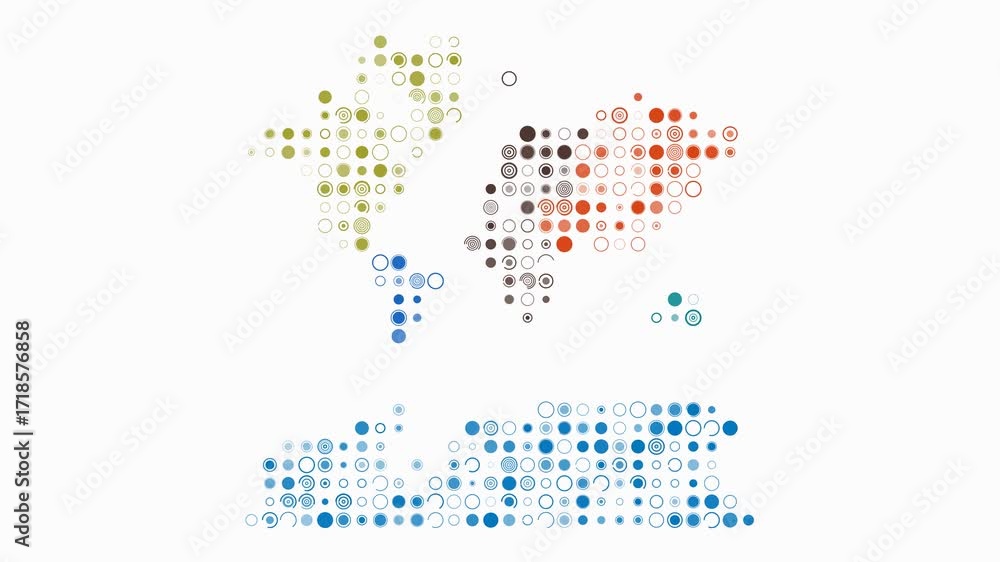 Poster world animated shape. pulsating colored dots on the map of the world. large size circle blocks. digi
