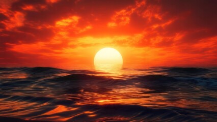 Dramatic fiery sunset paints the ocean horizon with vibrant hues, casting golden reflections on rolling waves under a vast, glowing sky.