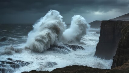 Dramatic stormy waves crash against rugged cliffs under a brooding sky, showcasing nature's raw power and wild beauty.