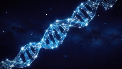 Stunning glowing digital DNA helix against a dark cosmic background with stars, symbolizing science, research, and future innovation.