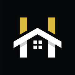 The image shows a flat logo design of an initial letter H in combination with a house complete with roof and windows. It looks clean on a black background and can be used for housing related purposes.