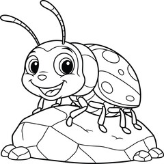 Cute Cartoon Ladybug Sitting on a Rock - Black and White Outline for Coloring Book