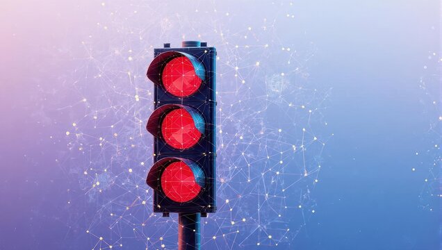 Stunning digital traffic light with vibrant red signals glows against a futuristic network grid background, symbolizing connectivity and urban flow.