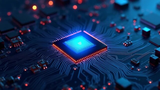 AI-powered Arm CPU Circuit board. Central Computer Processors concept Technology background.