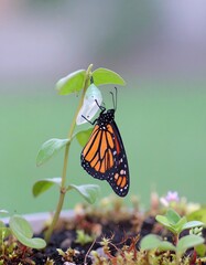 Monarch butterfly emerging from its chrysalis, clinging to a plant