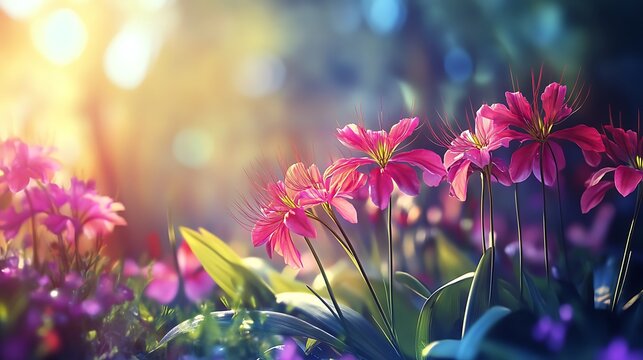 Magenta spider lilies rise in the sunlit meadow, creating a vibrant floral garden scene - Powered by Adobe