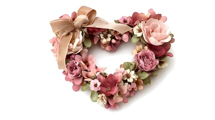 Decorative heart-shaped wreath with ribbon and flowers isolated on white background