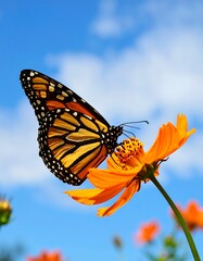 Monarch butterfly on a cosmos flower against a blue sky