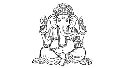 Fototapeta premium Black and white line drawing of Hindu deity Ganesha, seated in meditation pose, adorned with elaborate headwear and symbols.