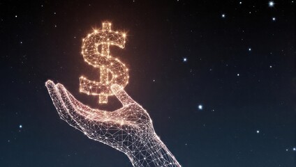 Glow of financial prosperity held gently in a stylized hand against a starry night sky, symbolizing wealth and opportunity.