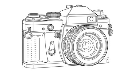 Line drawing of a classic 35mm film camera, showcasing its detailed mechanical components.