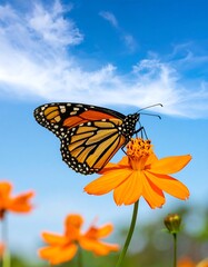 Monarch butterfly on a cosmos flower, vibrant sky