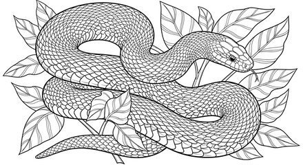 Intricate line drawing of a snake coiled amidst detailed foliage, perfect for coloring.