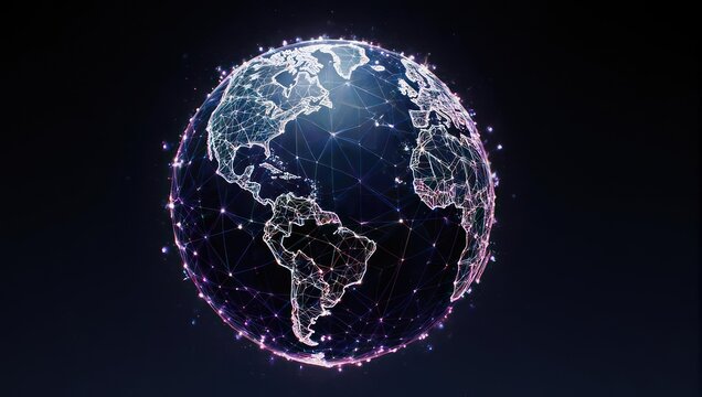 Dynamic digital network globe connecting continents with glowing nodes, representing global communication and technology trends.