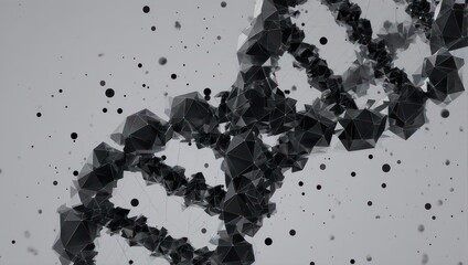 Dynamic abstract DNA helix structure composed of intricate geometric shapes and floating particles, perfect for science and technology concepts